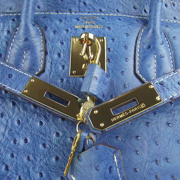 Replica Hermes Birkin 30CM Ostrich Veins Handbag Blue 6088 On Sale - Click Image to Close